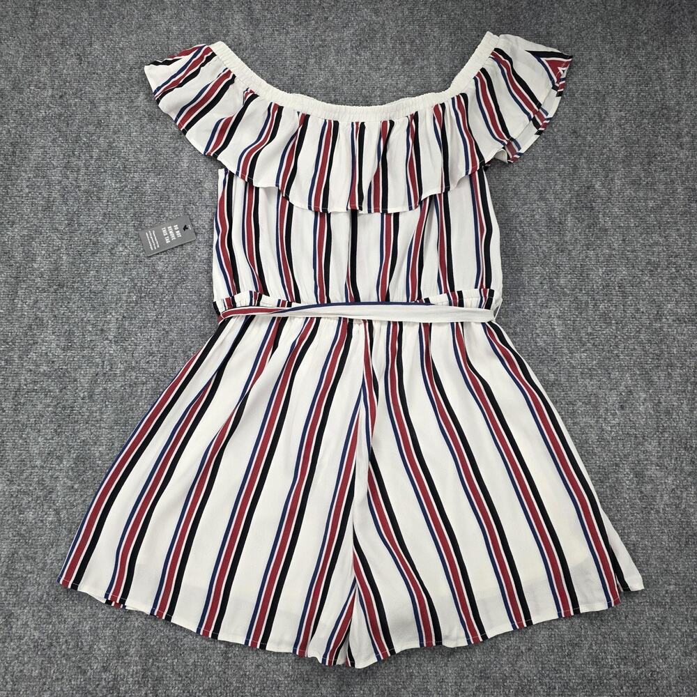 Express Romper Women Large White Stripe Off Shoulder Ruffle Belted Casual Jumper - Picture 8 of 16